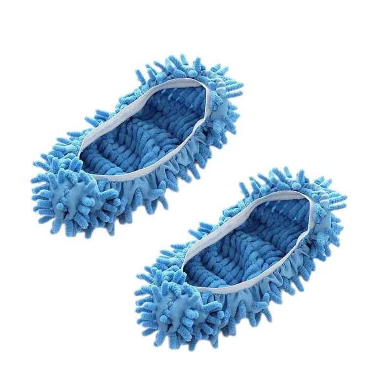 Pair of blue fuzzy dust-absorbing slippers designed for floor cleaning