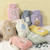 A collection of plush cartoon hot water bottles in various colors and shapes for warmth.