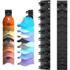 A set of black wall mounted organizers for hats, featuring various colored hats.