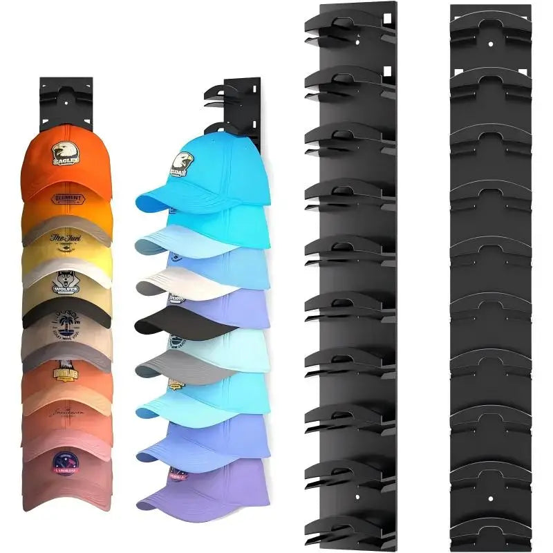 A set of black wall mounted organizers for hats, featuring various colored hats.