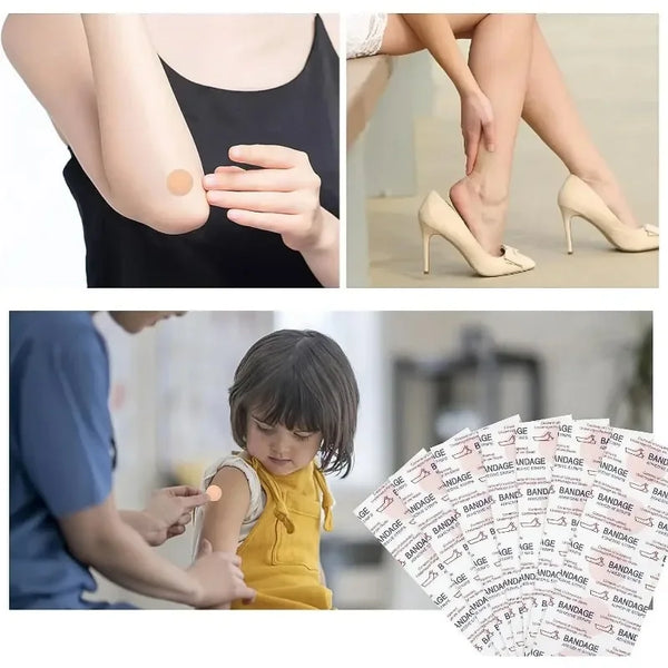 A hand applies round first aid bandages to a child's arm and leg, demonstrating wound care.