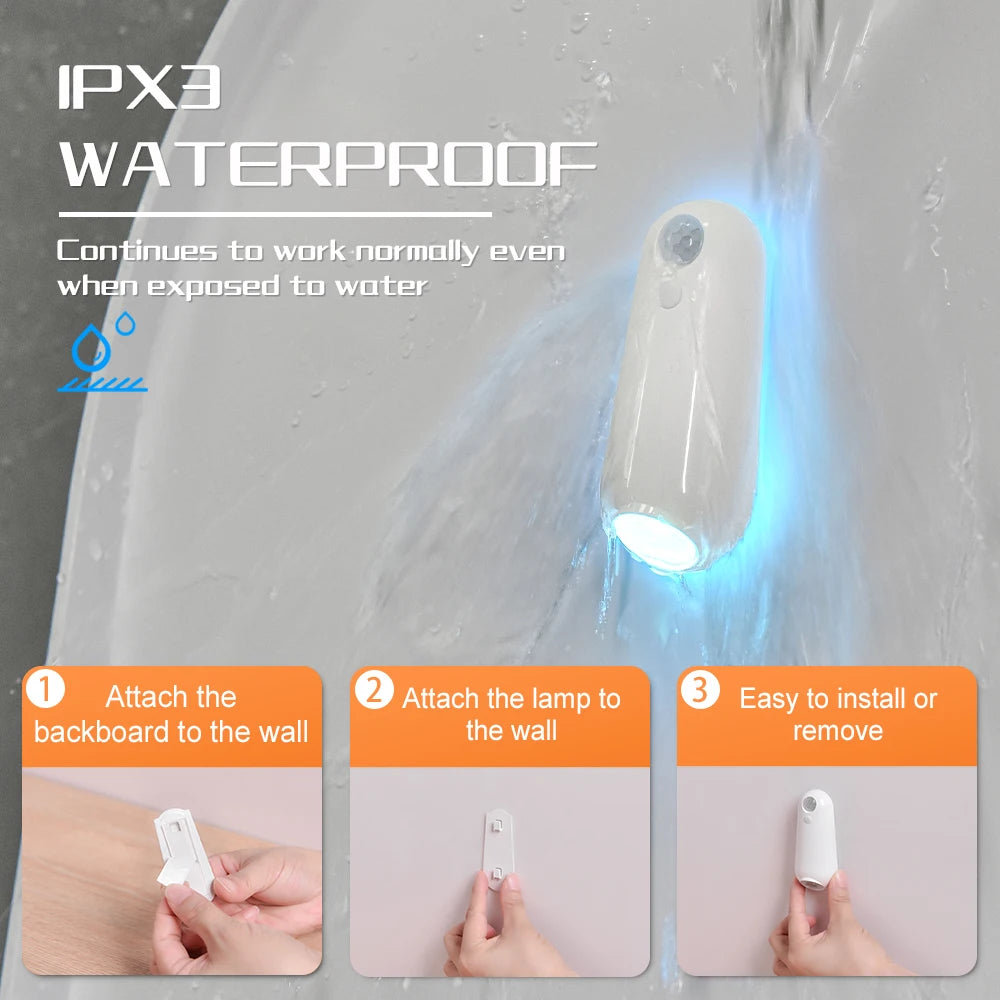 A white motion sensor night light is shown being installed on a wall, highlighting its IPX3 waterproof feature.