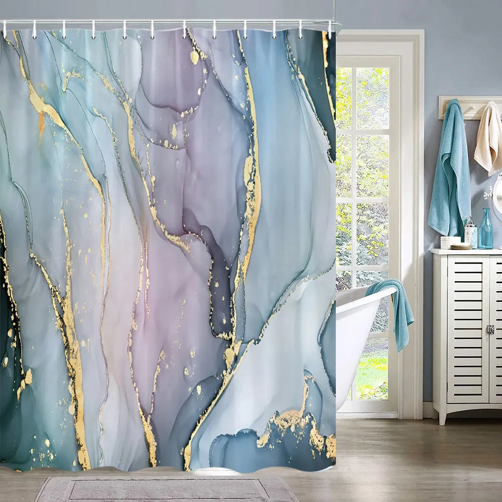 A shower curtain featuring an abstract marble fluid texture in shades of teal, purple, and gold.