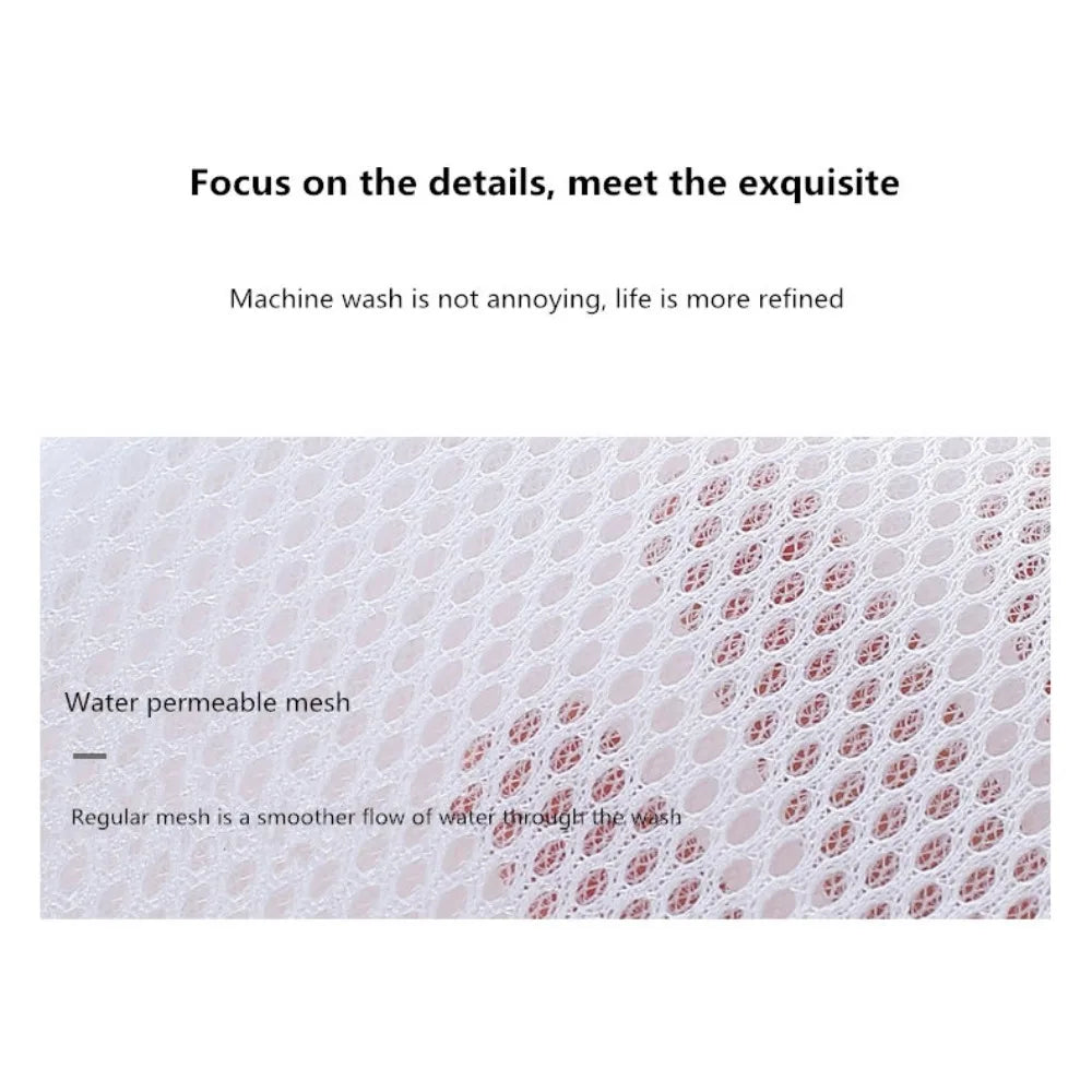 Close-up of a white water permeable mesh fabric used in laundry bags