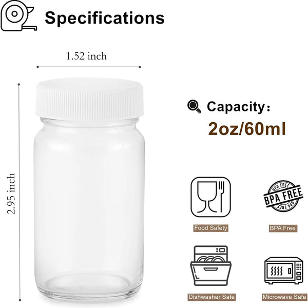 A clear glass juice bottle with a white lid, showing specifications like size and capacity.