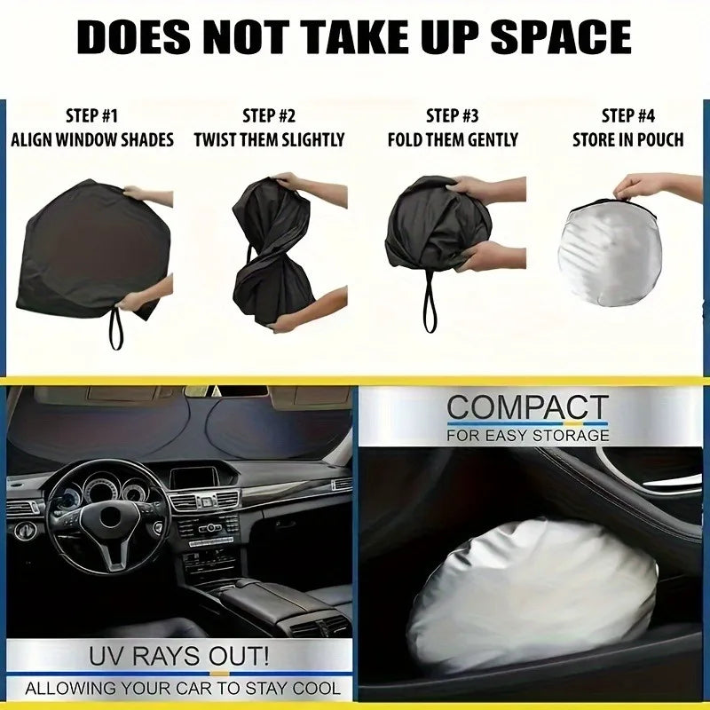 A black folding car sunshade is shown being aligned, twisted, folded, and stored in a pouch.