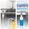 Under-sink kitchen soap dispenser with a metal faucet and a translucent blue liquid bottle.