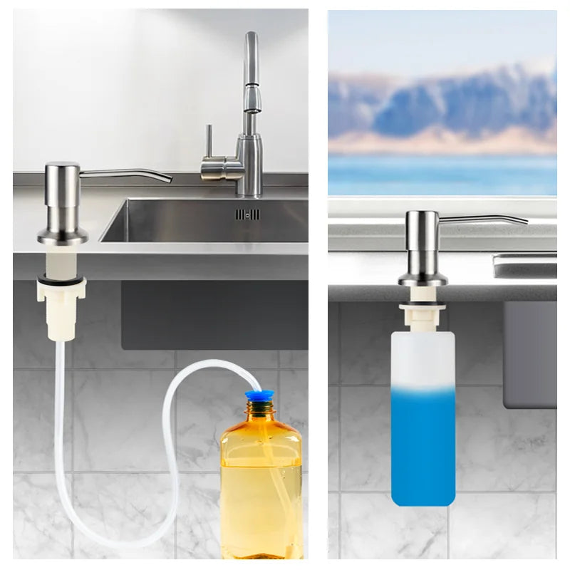 Under-sink kitchen soap dispenser with a metal faucet and a translucent blue liquid bottle.