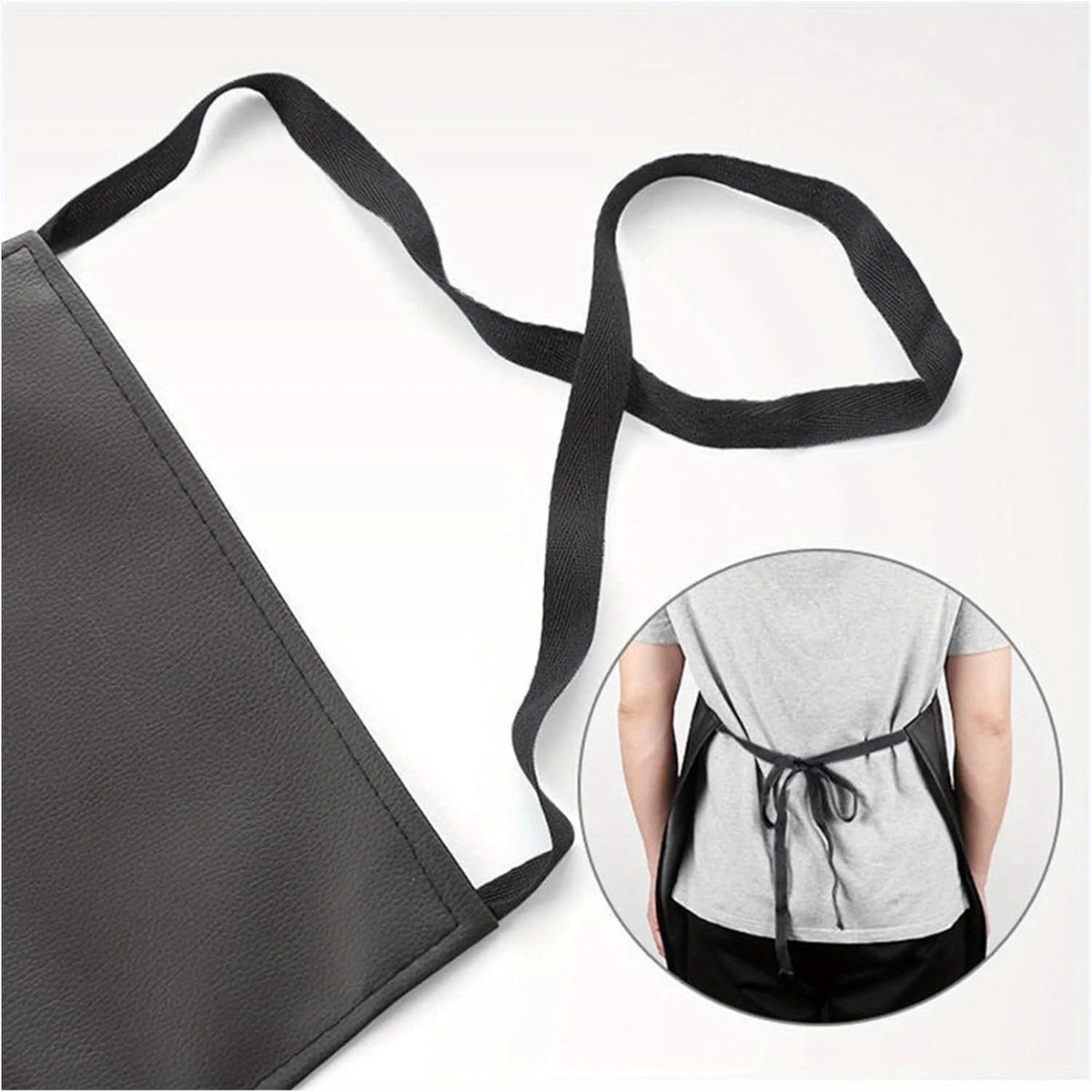 A black heavy-duty waterproof PU leather apron with adjustable straps shown alongside a person wearing it.