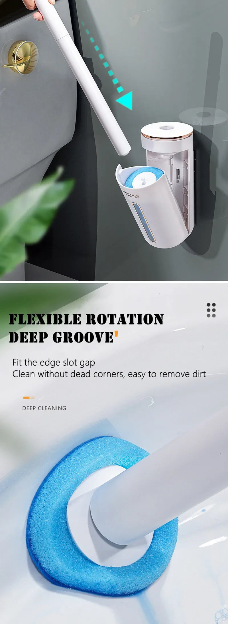 A white wall-mounted toilet brush cleaning kit is shown being used to clean the inside of a toilet bowl.