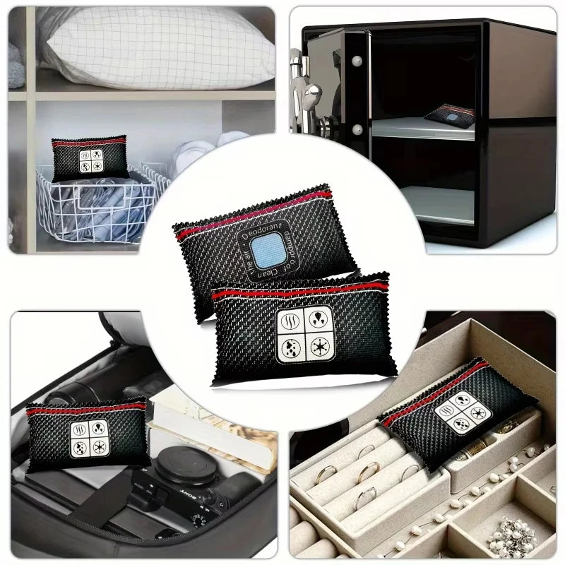 Various views of reusable silica gel dehumidifier bags used for moisture absorption in various contexts.