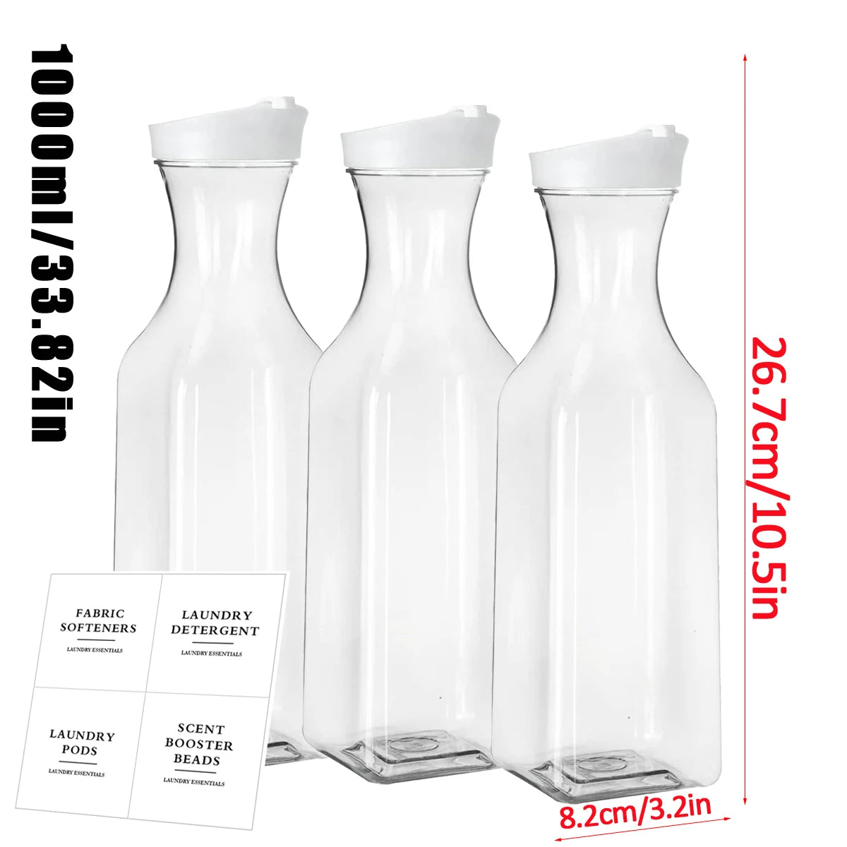 Three clear glass refillable storage bottles for laundry detergent and fabric softeners