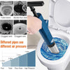 A heavy-duty stainless steel toilet plunger is shown with different pressure settings for cleaning various clogs.