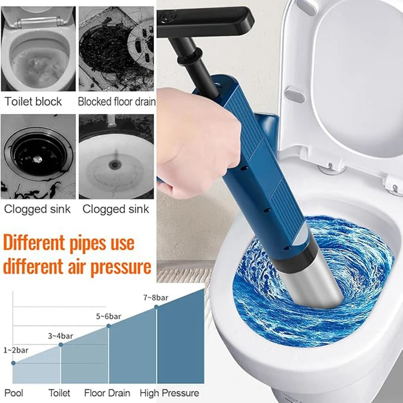 A heavy-duty stainless steel toilet plunger is shown with different pressure settings for cleaning various clogs.