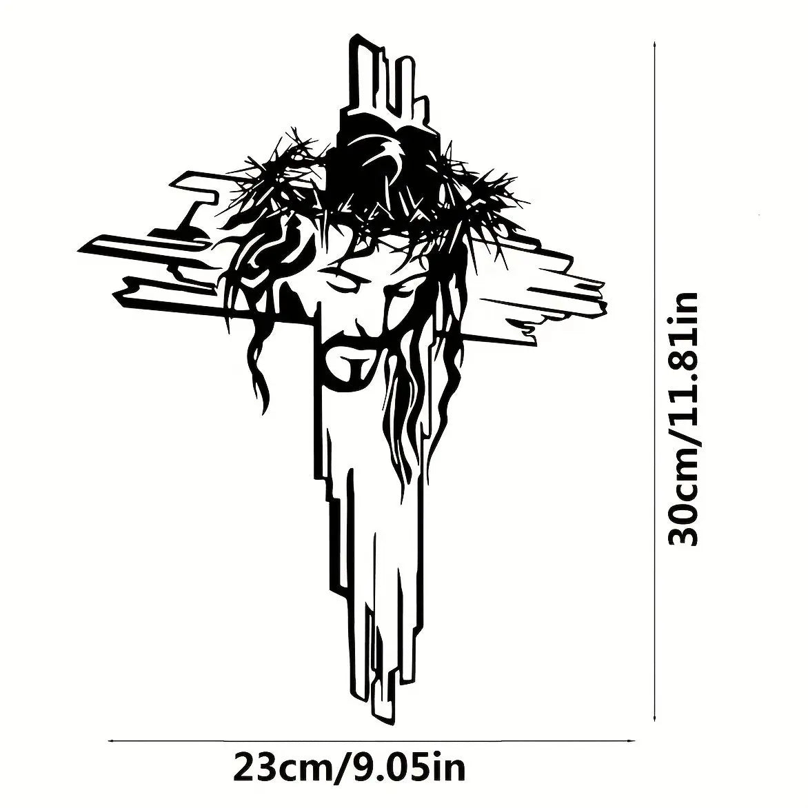 Black metal cross wall art featuring a face with long hair and beard