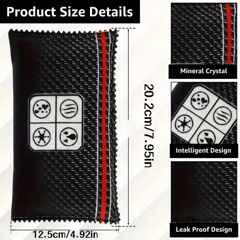 Product size details showing dimensions and design features of reusable silica gel dehumidifier bags