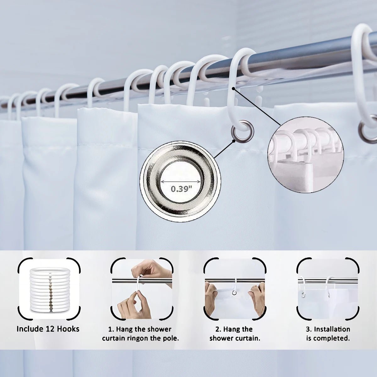 White shower curtain with 12 hooks and a silver ring for hanging on a shower pole