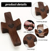 Handcrafted wooden pocket cross with a heart design showing various views and details.