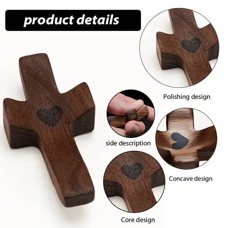 Handcrafted wooden pocket cross with a heart design showing various views and details.
