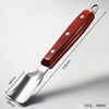 A stainless steel corn kernel remover peeler with a wooden handle, shown in profile.