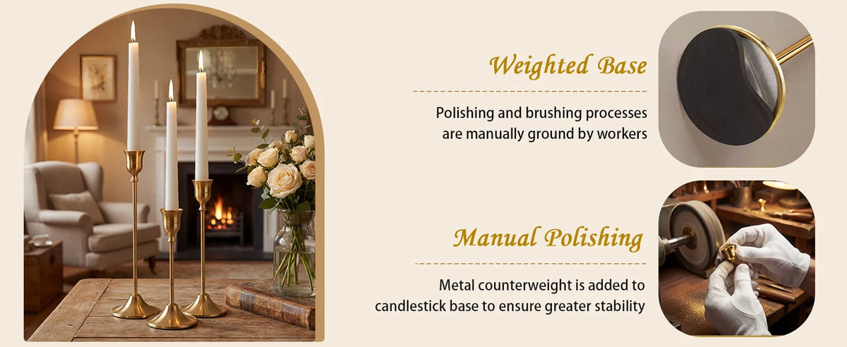 Close-up of gold weighted metal taper candlesticks showing manual polishing and a hand applying metal counterweight for stabi