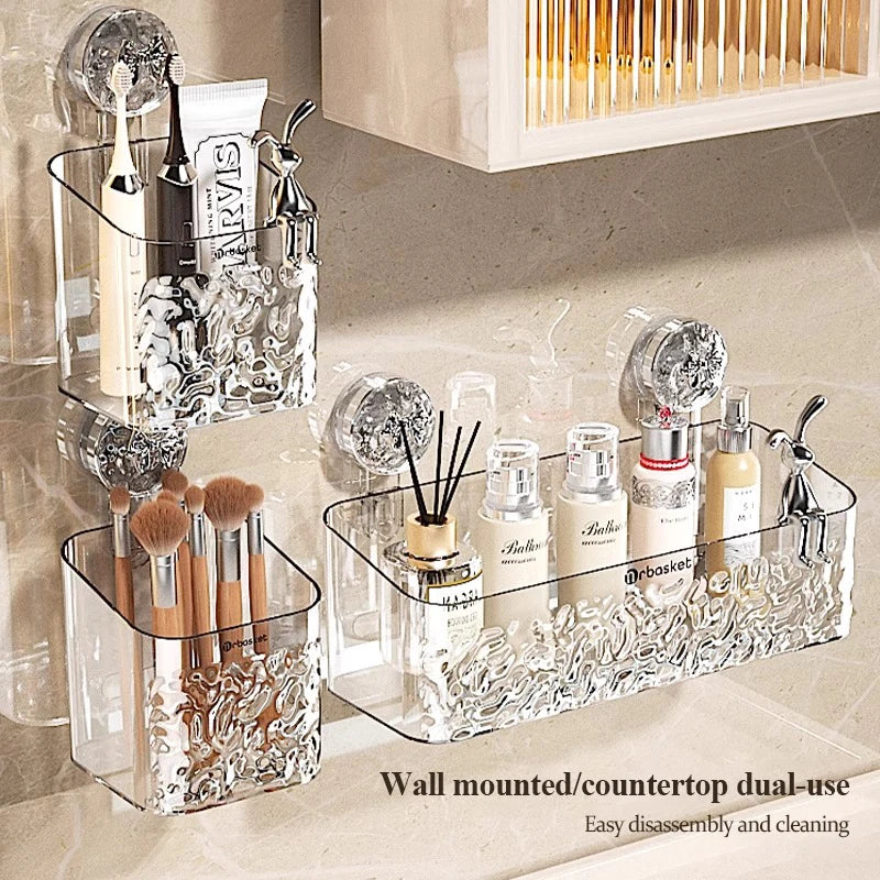 Wall mounted/countertop dual-use stainless steel suction cup storage rack for bathroom with various brushes and toiletries