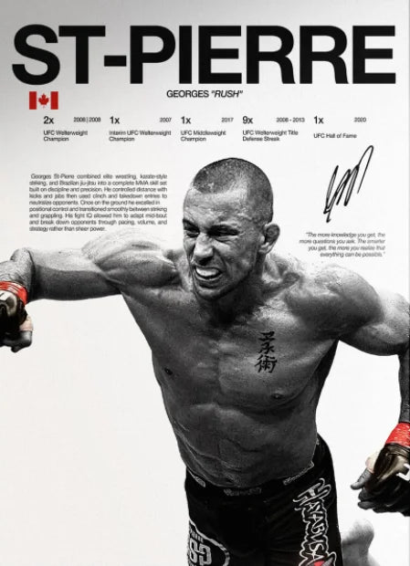 Black and white photo of Georges St-Pierre in a fighting stance.
