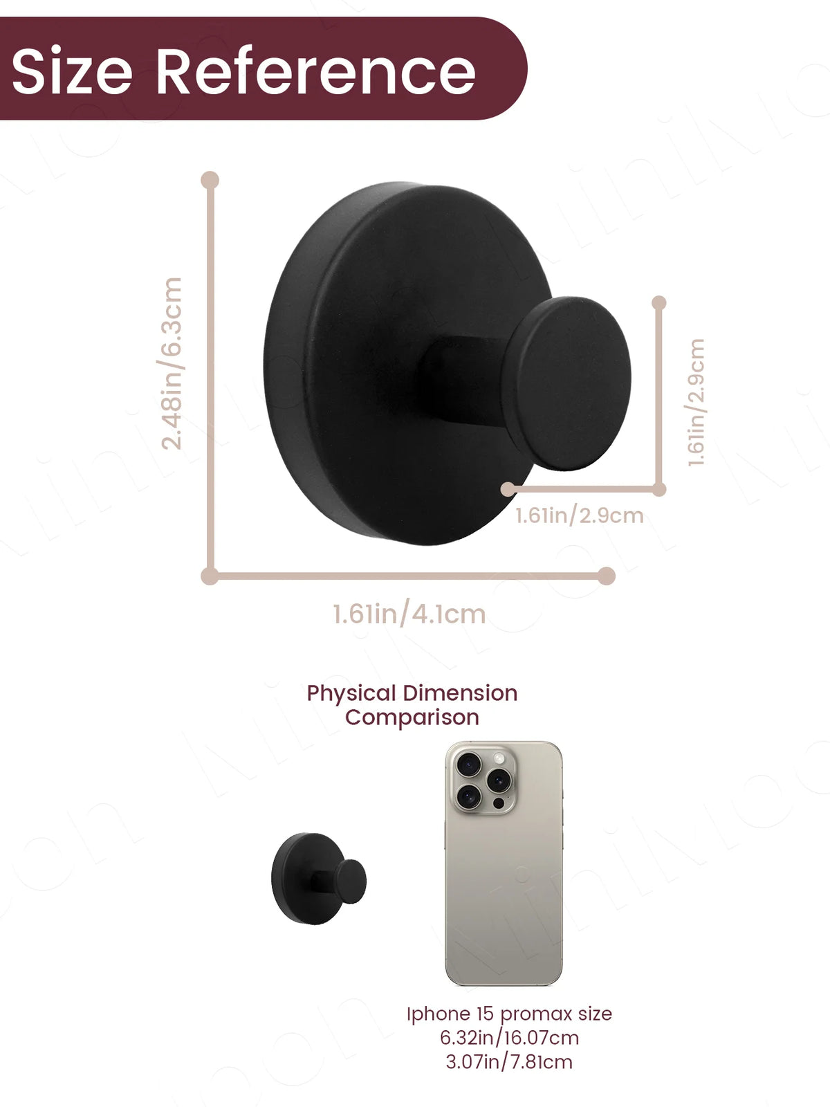 Size reference diagram showing the dimensions of a black towel rack and a comparison to an iPhone 15 Pro Max.
