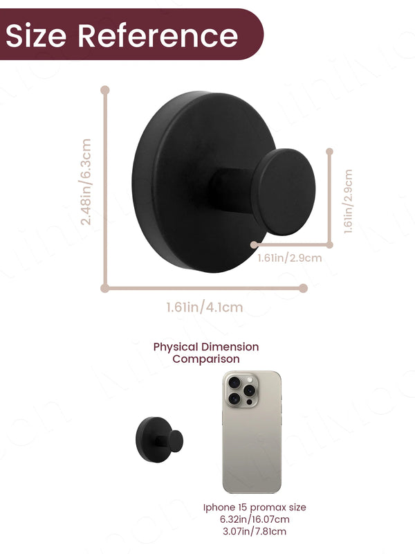 Size reference diagram showing the dimensions of a black towel rack and a comparison to an iPhone 15 Pro Max.