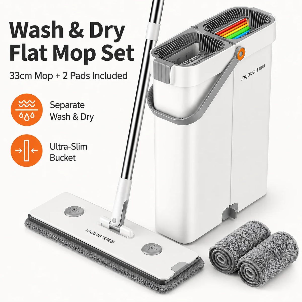 Weißer Wischmopp-Set mit 33cm Mopp, zwei Pads und ultra-schlankem Eimer mit Scheberkante.