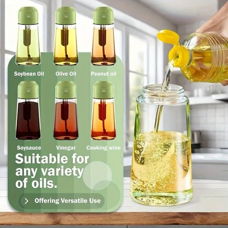 A set of oil spray bottles, including soybean oil, olive oil, peanut oil, and vinegar, are shown next to a glass bottle fille