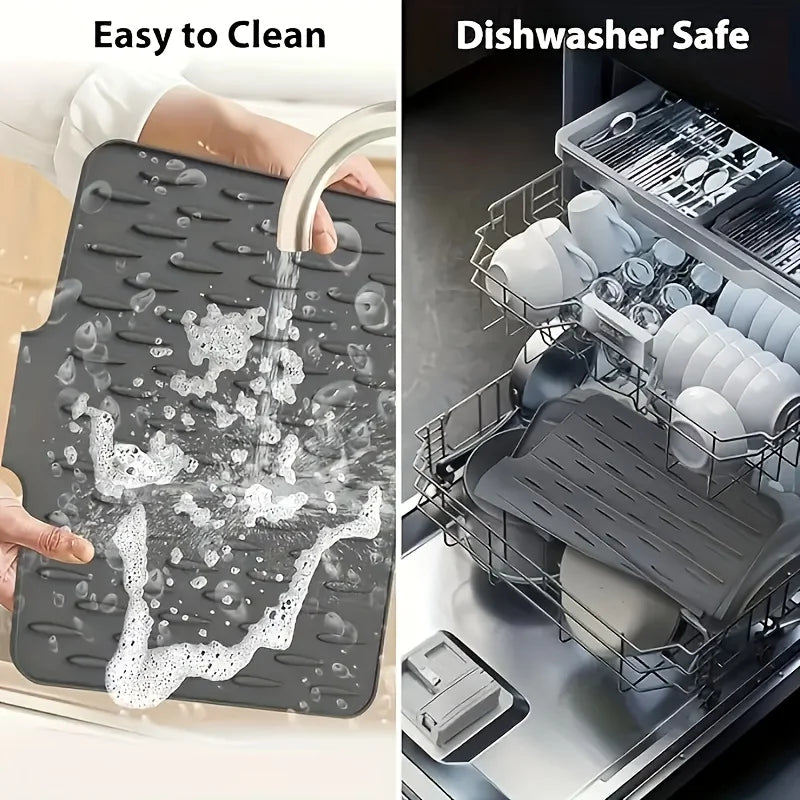 A silicone dish drying mat with raised drainage ridges being used to wash dishes under running water.