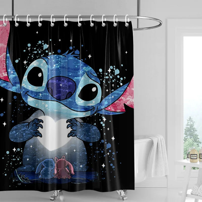A dark shower curtain featuring a blue and pink cartoon character design.
