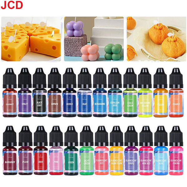 A collection of 18 colorful liquid candle dyes in glass bottles arranged in a row.