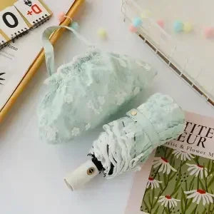 Light mint green full-automatic embroidered sun umbrella with a white handle and decorative fabric.