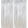 A vertical curtain backdrop made of rose gold foil tinsel fringe strands.