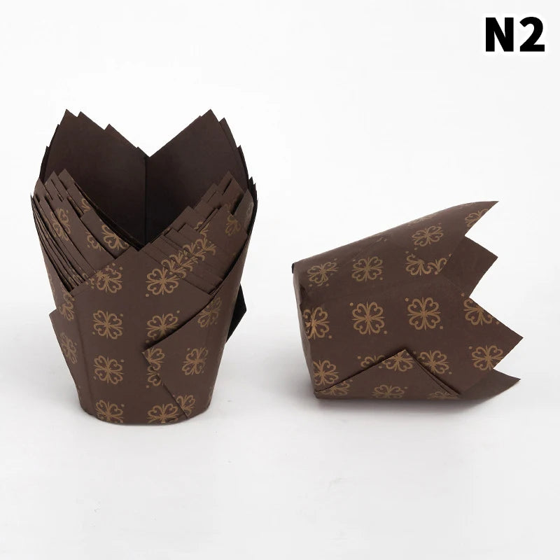 A stack of brown tulip-shaped cupcake liners for baking.