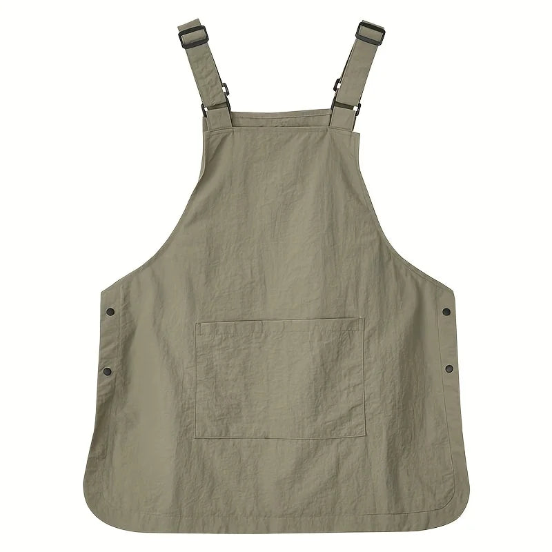 A beige waterproof outdoor work apron with straps and a large pocket.