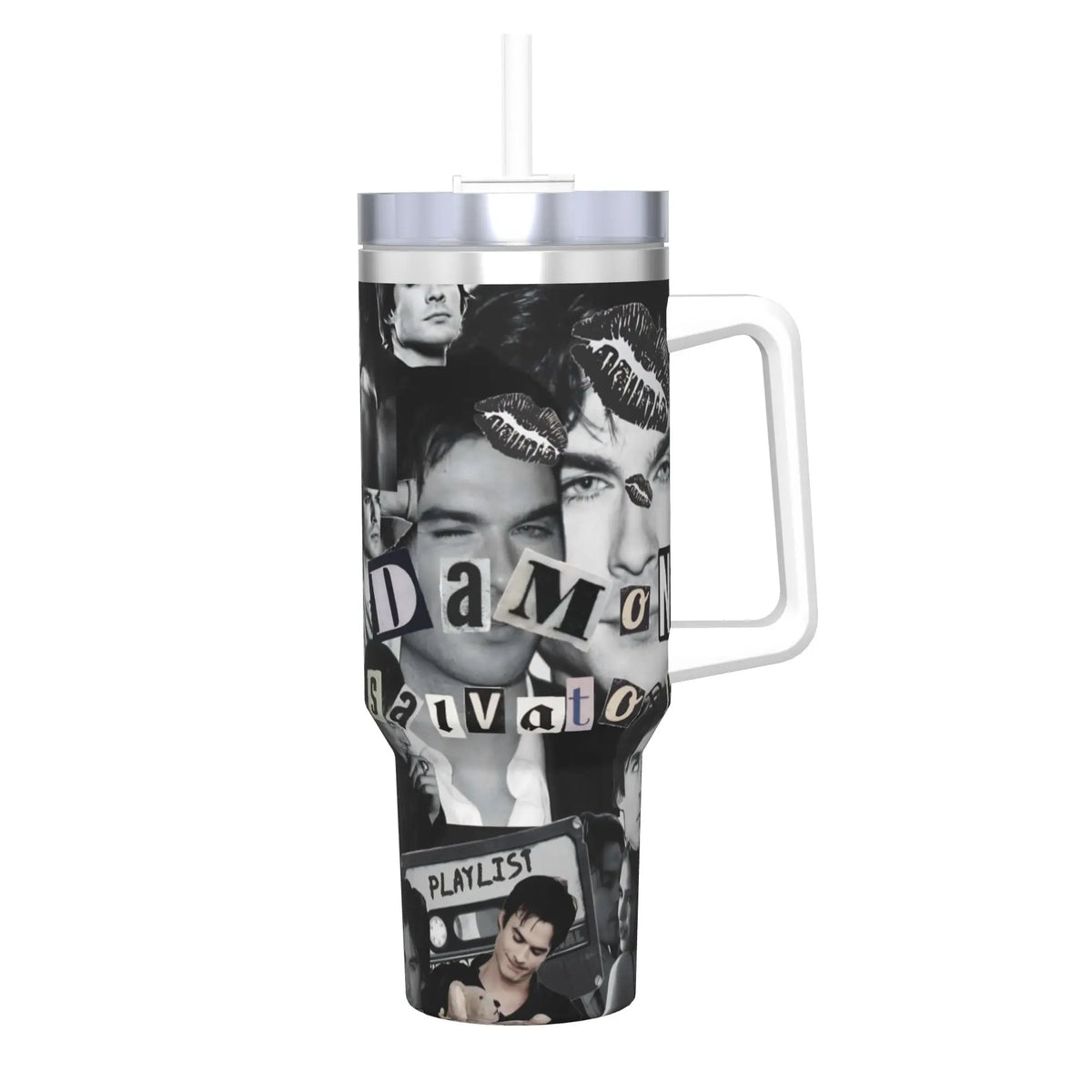 A stainless steel thermal tumbler featuring a collage of faces and the text DAMO RAIVATO.