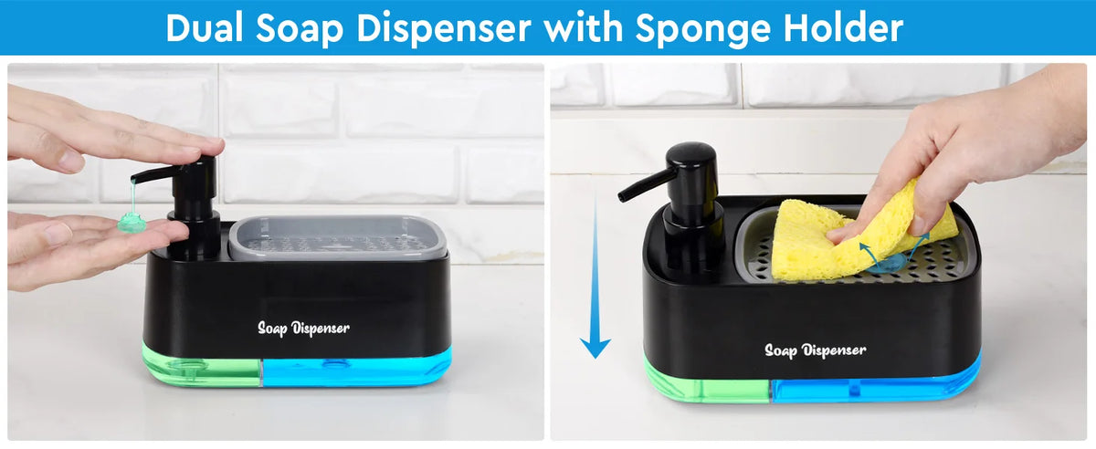 Une main distribue du savon d'un distributeur à savon noir double avec porte-éponge sur un comptoir blanc.