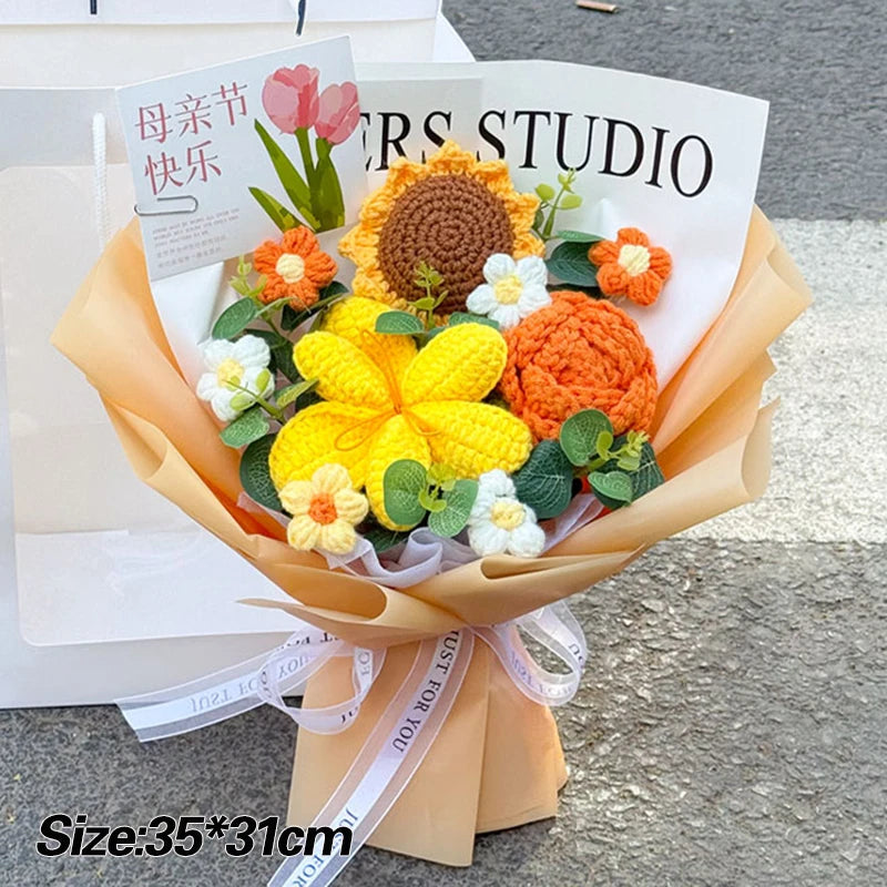 A bouquet of handmade crochet flowers in shades of orange and yellow, wrapped in brown paper.