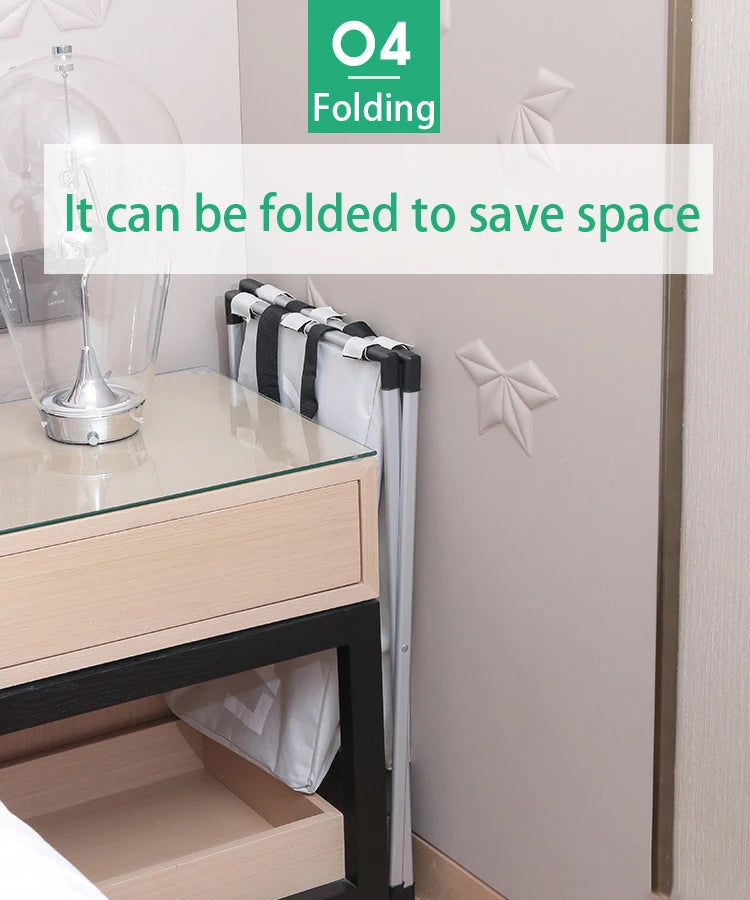 A foldable laundry basket is shown next to a bedside table, demonstrating how it can be folded to save space.