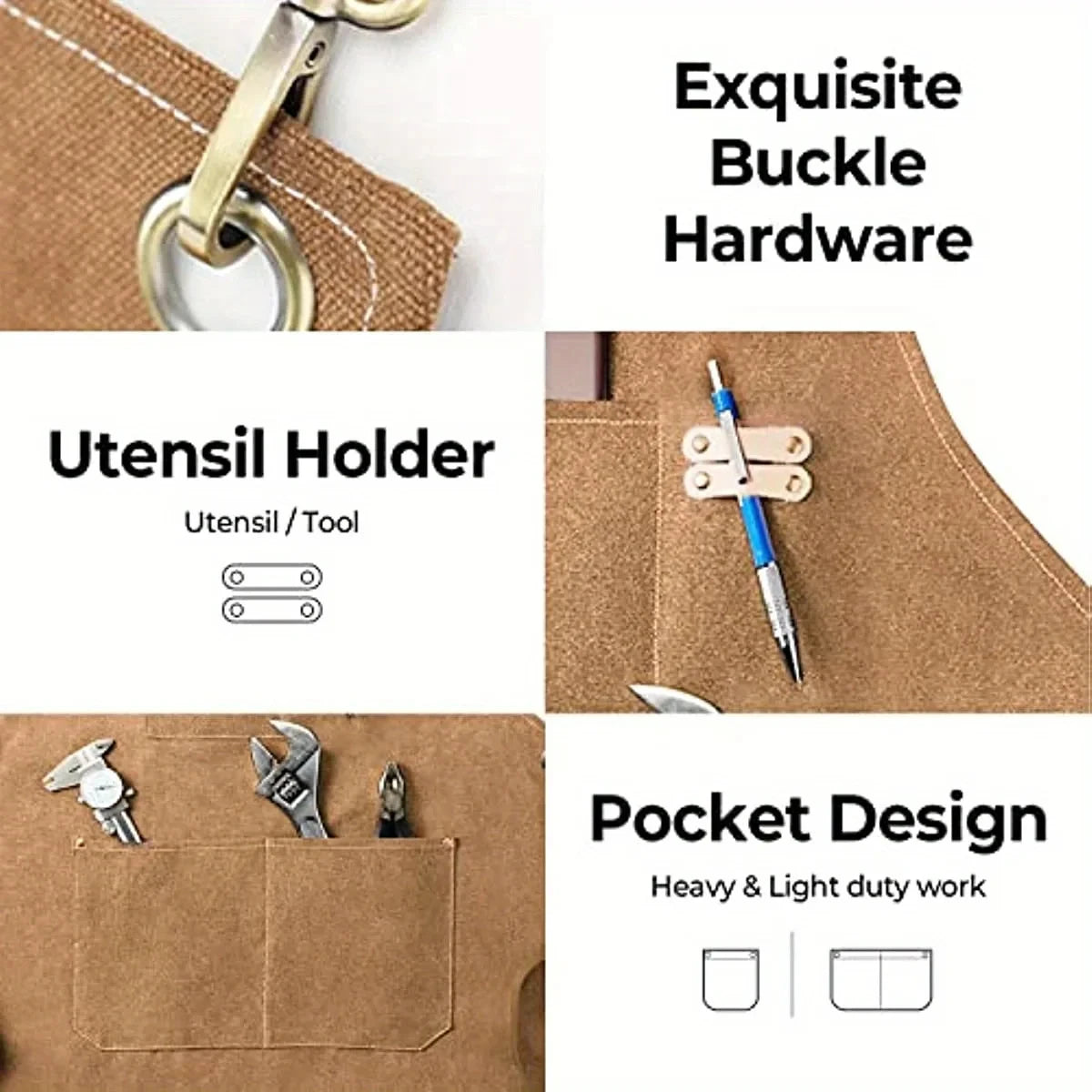 A brown canvas cooking apron featuring exquisite buckle hardware, an utensil holder, and a pocket design for tools.