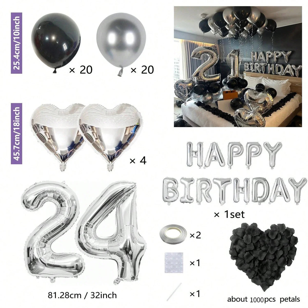 Bulk set of clear and black balloons including round, letter, and heart shapes for parties