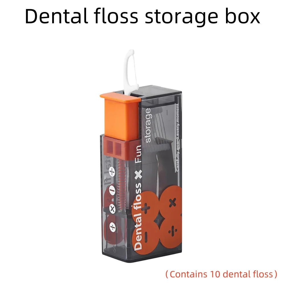 An orange and black dental floss storage box with a white dispenser handle.