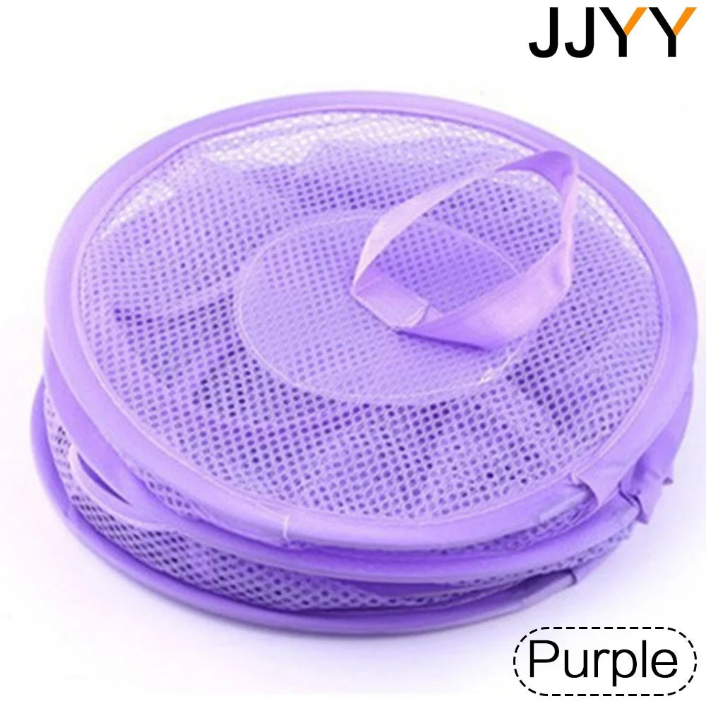 Purple multi-layer mesh hanging storage organizer with a purple strap.