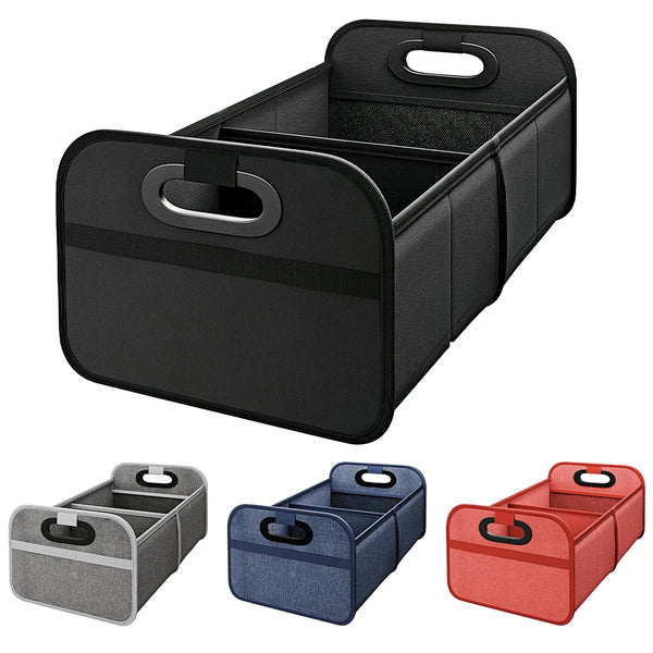 Collapsible trunk organizer in black, gray, blue, and red colors shown from above.