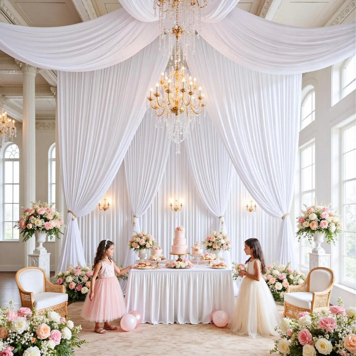 Montaje de boda o evento con cortinas de tela blanca y una lámpara de araña en una habitación luminosa.