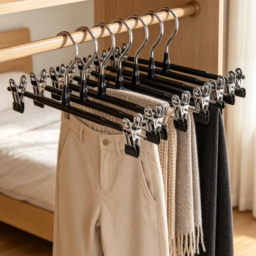 A set of black stainless steel adjustable clothing hangers displayed on a wooden rack.