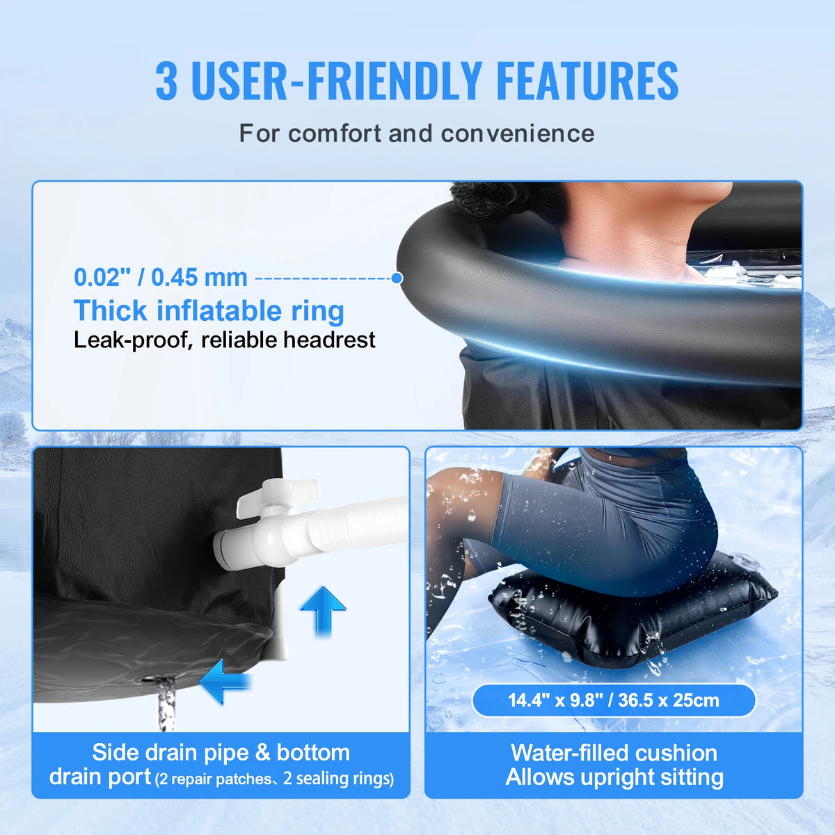 A black inflatable ring product with side drain ports and a water-filled cushion for therapy.